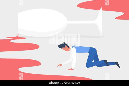 Addiction alcoholic drunkard people vector illustration. Cartoon drunken addict man character crawling hangover next to spilled alcohol wine from glas Stock Vector