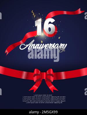 16th anniversary Year celebration background. Silver number text, wrapped with red tape. The backdrop of purple color, template, and card vector illus Stock Vector