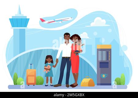 Family people travel, airline transportation vector illustration. Cartoon passenger mother father and children characters standing together in airport Stock Vector