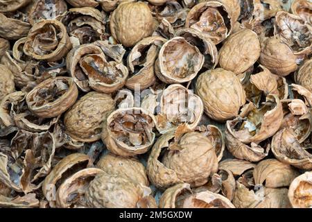 close up of empty walnut shells, top view Stock Photo