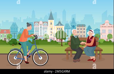 People spend time in city park vector illustration. Cartoon cityscape with elderly couple characters sitting on bench together, holding hands, woman c Stock Vector