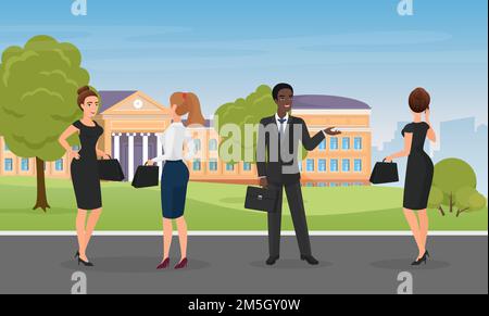 Office people talk, standing together in city park vector illustration. Cartoon multiethnic team of diverse professional corporate office workers empl Stock Vector