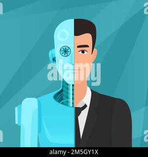 Half cyborg, half human man businessman in suit vector illustration Stock Vector