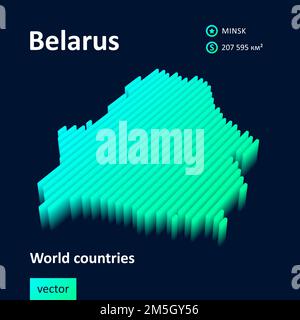 Belarus 3D map. Stylized striped neon digital isometric vector Map of Belarus is in green and mint colors on the dark blue background Stock Vector