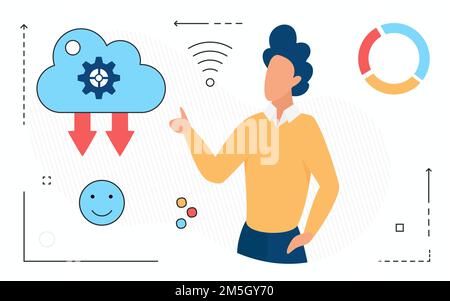 Online data cloud storage, man character uploading files, line icons isolated on white Stock Vector
