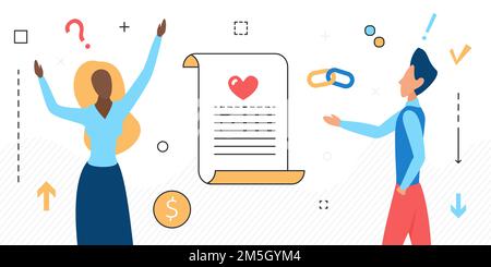 Marriage contract law document and couple people vector illustration. Cartoon husband and wife, marriage lines isolated on white Stock Vector