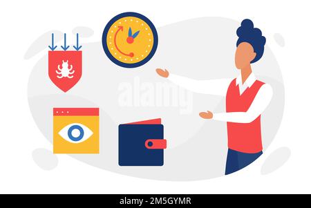 Virtual money protection concept vector illustration. Cartoon security protecting electronic wallet from hacking attack, secure digital currency finan Stock Vector