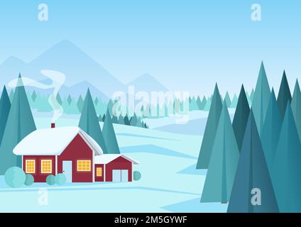 Christmas winter landscape with small red house in pine forest vector illustration. Cartoon winter landscape Stock Vector