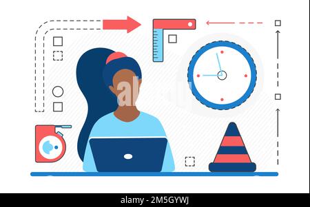 Home repair service, customer woman character and laptop, tools line icons isolated on white Stock Vector