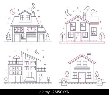 Vector thin line icon suburban american houses. Classic architecture civil building illustrations for infographic, web design and application interfac Stock Vector