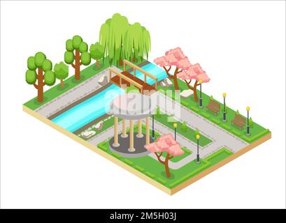 Colorful isometric three-dimensional illustration of oriental garden design with alley and bridge Stock Vector