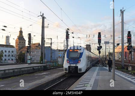 A National Express regional train arrives at Cologne HBF central Station, Germany Stock Photo