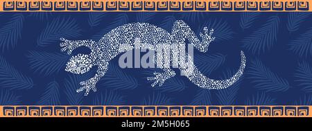 Tenerife Beach Towel Design with Dotted Lizard. Palm tree leafs in the background. Spanish graphic for textiles, apparel and web graphics. Stock Vector