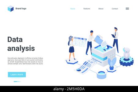 Website interface 3d design with cartoon business analyst people working on financial report, analyzing finance statistics database technology landing Stock Vector