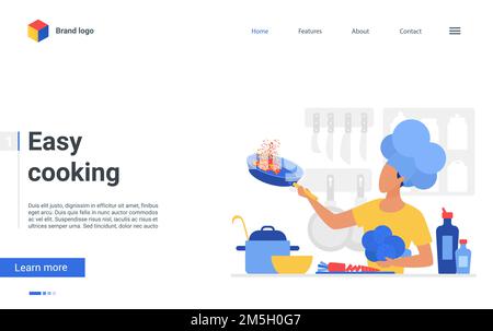 Website landing page creative design for online cookery course, school or blog, cartoon flat chef man character cooks healthy food in kitchen, teachin Stock Vector