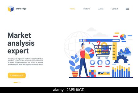 Cartoon businessman character consults, makes financial research, reports online data analysis. Internet consulting service, landing page website desi Stock Vector