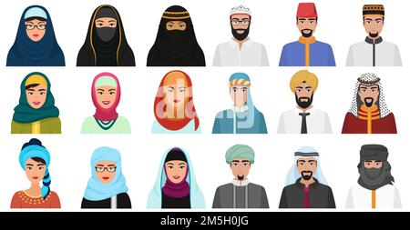 Islam cartoon people icons. Arabic muslim avatars muslim face heads of male and female Stock Vector