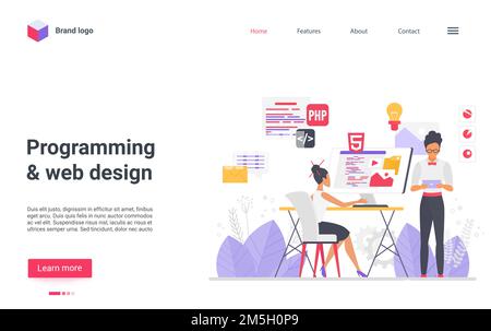 Cartoon flat man woman programmer developers work, coder characters create program software, modern technology developing, tech coding process landing Stock Vector