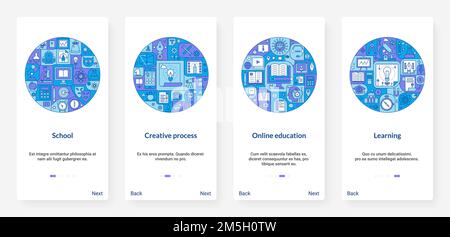 Online education, school learning creative process vector illustration. UX, UI onboarding mobile app page screen set with line schooling training stud Stock Vector