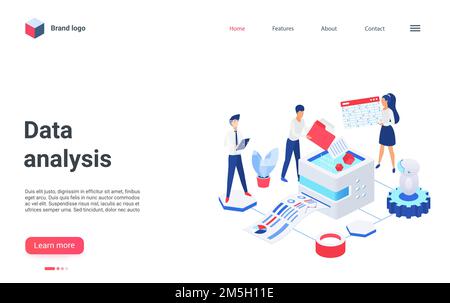 Cartoon mobile website design, concept landing page for database cloud storage service, analyzing, storing tech information. Isometric digital technol Stock Vector