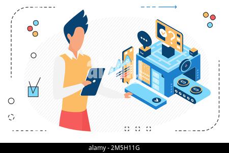 Businessman working with dashboard of finance analysis system isometric vector illustration. Cartoon 3d process database technology isolated on white Stock Vector