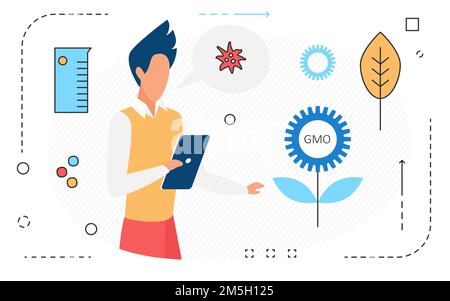 Science research on gmo plant food vector illustration. Cartoon man scientist working with mobile phone, agricultural scientific innovation isolated o Stock Vector