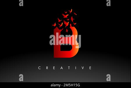 Red B Logo Letter with Flying Flock of Birds Disintegrating from the Letter. Bird Fly Letter Icon. Stock Vector