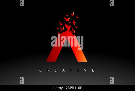Red A Logo Letter with Flying Flock of Birds Disintegrating from the Letter. Bird Fly Letter Icon. Stock Vector