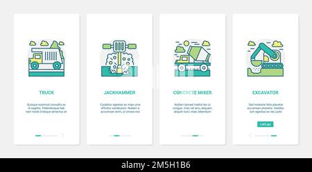 Heavy construction equipment vector illustration. UX, UI onboarding mobile app page screen set with line machines for construction building work, conc Stock Vector