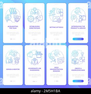 Employees trainings blue gradient onboarding mobile app screens set Stock Vector