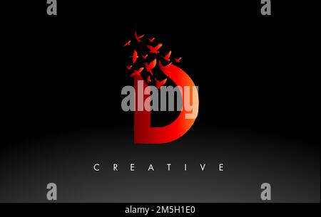 Red D Logo Letter with Flying Flock of Birds Disintegrating from the Letter. Bird Fly Letter Icon. Stock Vector