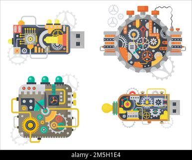 Steampunk vector vintage clock watches face and usb flash drive with cogs and gears isolated Stock Vector