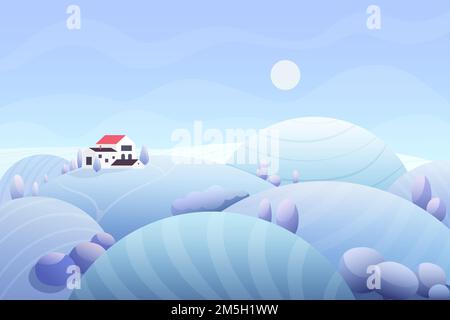Winter snowy landscape with country house, rounded meadow hills and fields at dawn Stock Vector