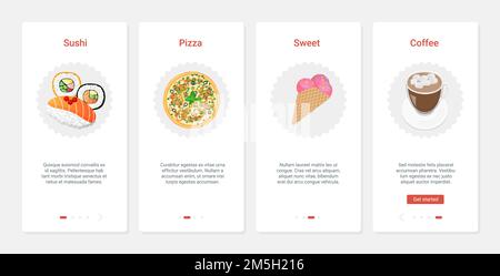 Fast food cafe with sushi pizza ice cream and coffee vector illustration. UX, UI onboarding mobile app page screen set with line takeaway product for Stock Vector