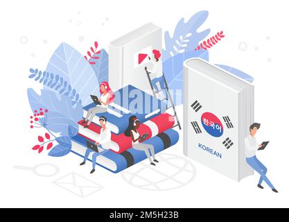 Online Korean language courses, remote school or university isometric concept Stock Vector