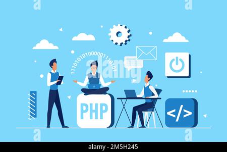 Programmer coder people team work on application development Stock Vector