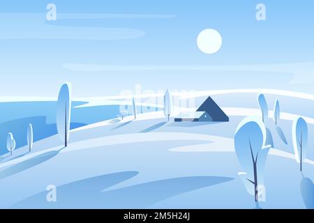 Winter picturesque landscape vector illustration. House on snowy hill in sunny day. Rural area. Countryside in wintertime. Frosty nature view with tre Stock Vector
