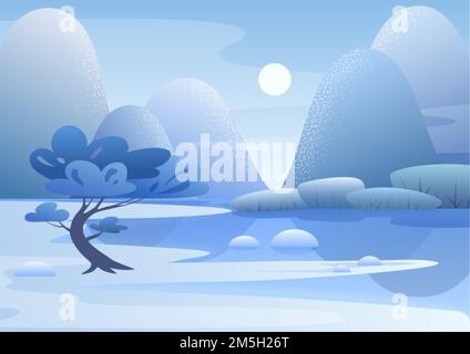 Blue mountain landscape flat vector illustration. Winter nature in sunny day. Tree on snowy riverbank. Scenic view. Seasonal background. Frozen plants Stock Vector