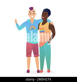 Vector happy Gay couple posing and hugging together. Two men gays getting married. Stock Vector
