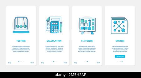 Science laboratory plan experiment vector illustration. UX, UI onboarding mobile app page screen set with line calculation preparation and test system Stock Vector