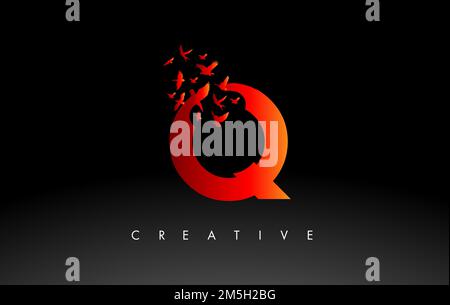 Red Q Logo Letter with Flying Flock of Birds Disintegrating from the Letter. Bird Fly Letter Icon. Stock Vector