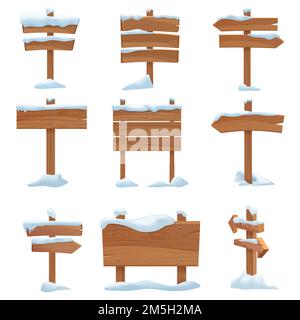Cartoon wooden winter signs with snow caps set vector illustration Stock Vector