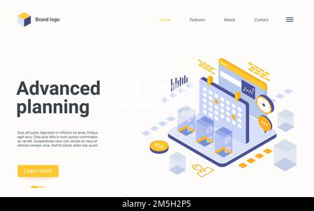 Advanced planning isometric landing page vector template. Time management website design layout. Automated scheduling web page 3d concept. Workflow or Stock Vector