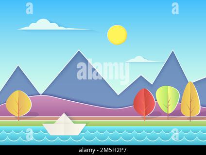 Trendy paper cuted landscape with mountains, hills, river, paper ship and trees. Summer landscape vector illustration Stock Vector