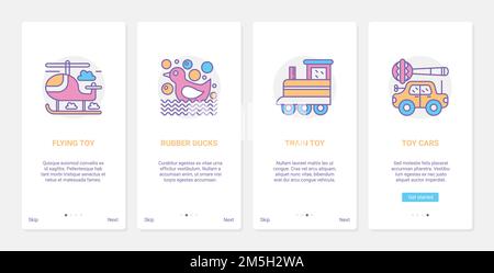 Kid toys for playing vector illustration. UX, UI onboarding mobile app page screen set with line childs car, train, duck, helicopter for children lear Stock Vector