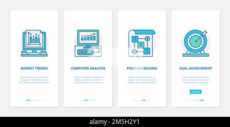 Business trend data analysis and analytics vector illustration. UX, UI onboarding mobile app page screen set with line trendy business consulting serv Stock Vector