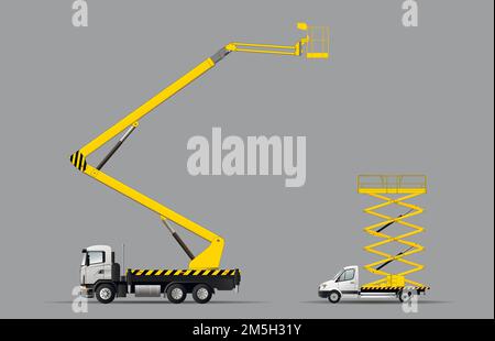Construction lifting equipment. A set of images of aerial platforms on a car chassis. Stock Vector