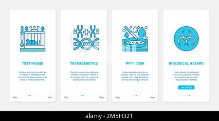 Science mouse test experiment, petri dish, biohazard pathogen vector illustration. UX, UI onboarding mobile app page screen set with line scientific e Stock Vector