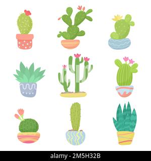 Set of flat cartoon cute desert or home pot cactus vector illustration Stock Vector