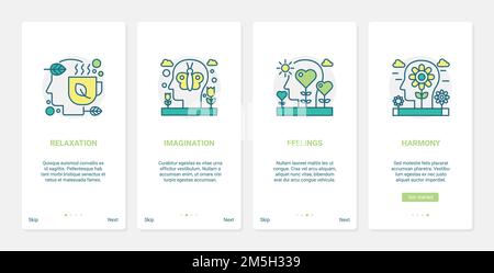 Human brain processes relaxation and feelings vector illustration. UX, UI onboarding mobile app page screen creative set with line emotional intellige Stock Vector